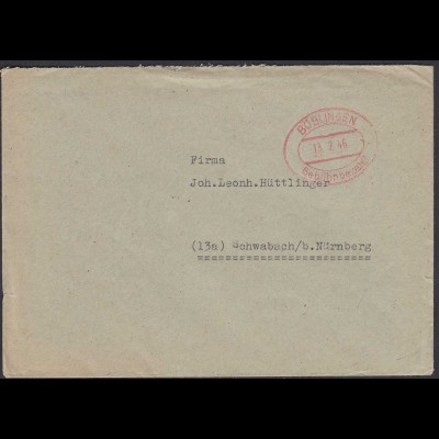 1946 Böblingen Gebühr bezahlt rot Oval nach Schwabach (23731