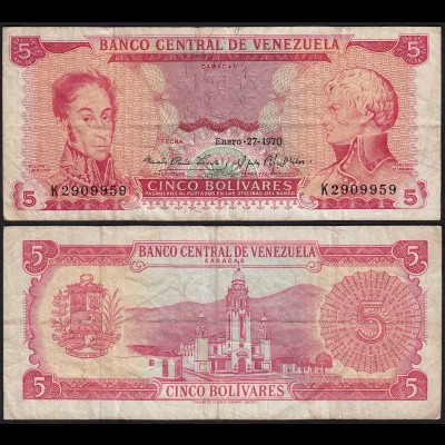 Venezuela 5 Bolivares Banknote 1970 F (4) Pick 50d (23940