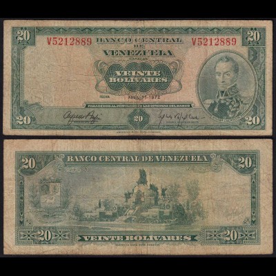 Venezuela 20 Bolivares Banknote 1972 F- (4-) Pick 52b (23945