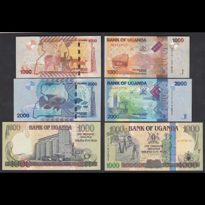 UGANDA - 3 Stück 1000,1000,2000 Shillings Banknoten 2009/10 UNC (24006