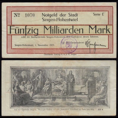 SINGEN-HOHENTWIEL 50 Milliarden Mark Notgeld 1923 VF (3) (24150