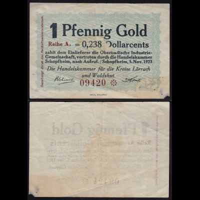 Kreis Lörrach u.Waldshut 1 Pfennig Gold 0,238 Dollarcents HK Schopfheim 