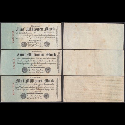 Reichsbanknoten - 3 Stück á 5 Millionen Mk 1923 Ros. 94 Serie A,B,C etwa VF (3) 
