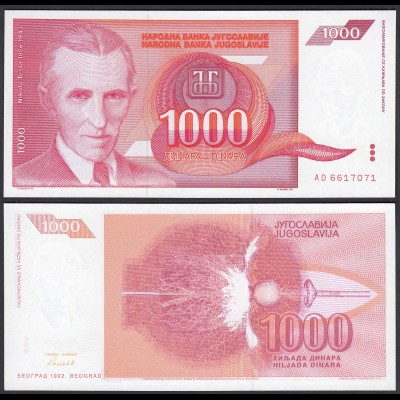 JUGOSLAWIEN - YUGOSLAVIA 1000 Dinara 1992 UNC (1) Pick 114 (24209