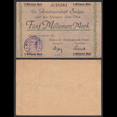 Saulgau 5 Millionen Mark 1923 Notgeld Württemberg (24159