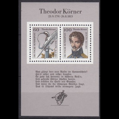 Bund BRD Theodor Körner MiNr. Bl. 25 aus 1991 ** postfrisch (5485