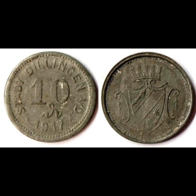 Germany - Dillingen Stadt 10 Pfennig Notgeld 1917 zinc WW1 Funck 94.5 (r1005