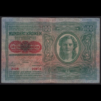 ÖSTERREICH - AUSTRIA 100 Kronen 1912 (1919) Pick 56 F/VF (3/4) 24322
