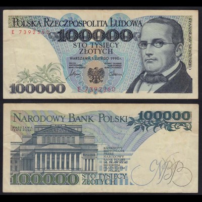 Polen - Poland 100.000 100000 Zloty Banknote 1990 Pick 154 VF- (3-) (15147