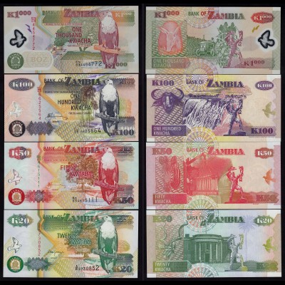Sambia - Zambia - 4 Stück 20,50,100,1000 Kwacha 1992/09 UNC (1) (17973