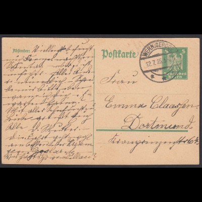 Karte DR Ganzsache 5 Pfg.Adler 1925 von Werningerode nach Dortmund (24437