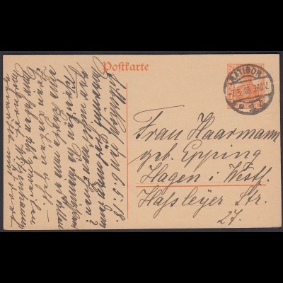 Karte DR Ganzsache 7 1/2 Pfg.Germania 1918 von Ratibor nach Hagen (24442