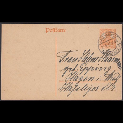 Karte DR Ganzsache 7 1/2 Pfg.Germania 1917 von Waldenburg nach Hagen (24444