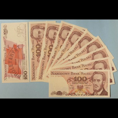 Polen - Poland - 10 Stück á 100 Zlotych Banknote 1988 UNC Pick 143e (89002