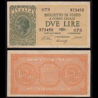 Italien - Italy 2 Lire Banknote 1944 VF (3) Pick 30 a (15035
