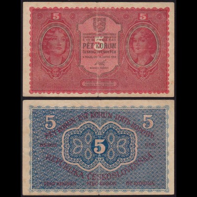 TSCHECHOSLOWAKEI - CZECHOSLOVAKIA 5 Korun 1919 F/VF (3/4) Pick 7a (14963