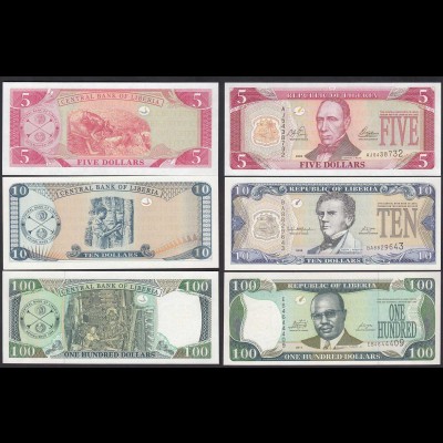 LIBERIA 5,10,100 Dollar Banknoten 2003/06/11 Pick 26/27/30 UNC (1) 15008