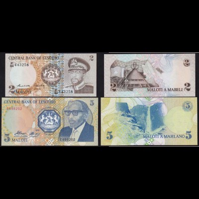 LESOTHO 2 + 5 Maloti Banknoten 1984 + 1989 Pick 4b + 10a UNC (1) 15012