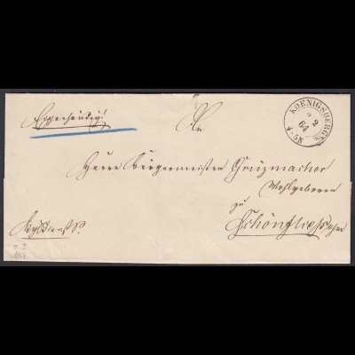 Preussen Umschlag 1864 Königsberg K2 nach Schönfließ (24552