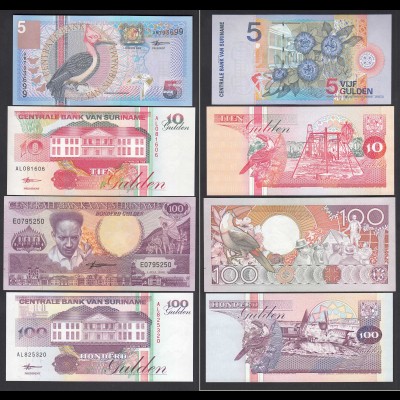 Suriname - 5, 10, 100,100 Gulden Banknoten UNC Vögel Birds (24627
