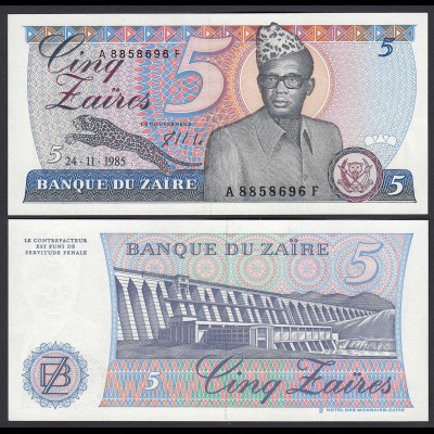 ZAIRE 5 Zaires Banknote 1985 Pick 26A UNC (1) (24754
