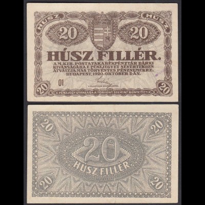 Ungarn - Hungary 20 Filler Banknote 1920 Pick 43 VF (3) (24887