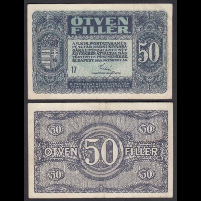 Ungarn - Hungary 50 Filler Banknote 1920 Pick 44 VF (3) (24889