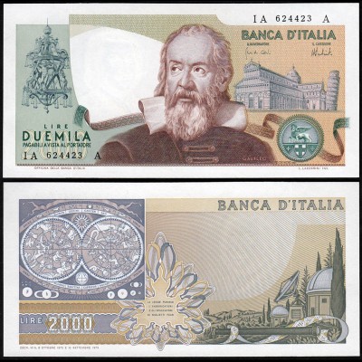 Italien - Italy 2000 Lire Banknotes 1973 UNC Pick 103a GALILEO GALILEI 