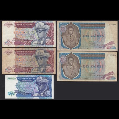 Zaire - 5 Stück Banknoten 1976-1992 gebraucht (25027