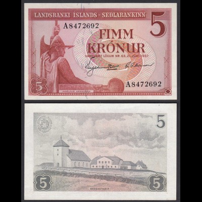 Iceland - Island 5 Kronur 1957 Pick 37b aUNC (1-) (25230