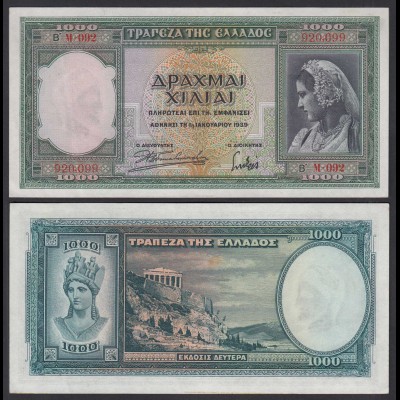 Griechenland - Greece 1000 Drachmai 1939 Pick 110 AU/XF (1/2) (25247