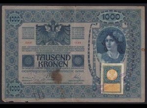 1000 Kr. Österreich/Ungarn 1902 m.Briefmarke Stempel Serbien Jugoslawien RAR