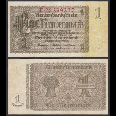 Rentenbankschein Deutsches Reich 1 Rentenmark 1937 Ros 166b VF+ (3+) (25546