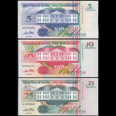 Suriname - 5, 10, 25 Gulden Banknoten 1996 UNC (1) Vögel Birds (14170