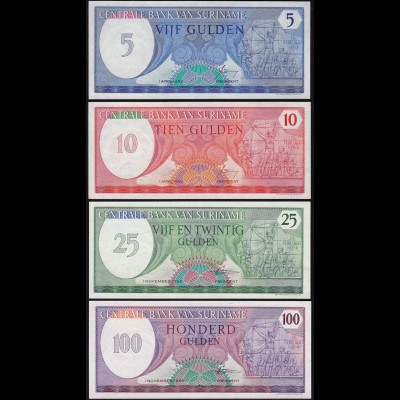 Suriname - 5, 10, 25 + 100 Gulden Banknoten 1982/85 UNC (1) (14169