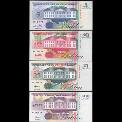 Suriname - 5,10,25+100 Gulden Banknoten 1996/98 UNC (1) Vögel Birds (14168