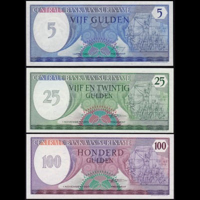 Suriname - 5, 25 + 100 Gulden Banknoten 1982/85 UNC (1) (14167
