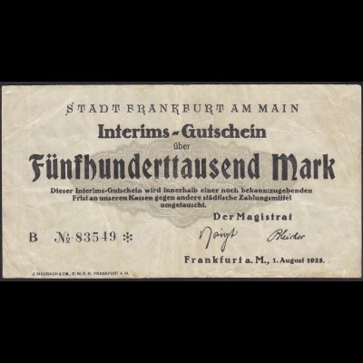 Hessen - Frankfurt 500 tausend Mark Interims-Gutschein Notgeld F(4) (13827