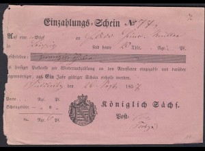 Sachsen 1857 Post-Einlzahlungs-Schein 20 Thaler Leipzig - Pulnitz (23098