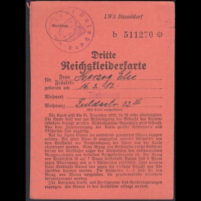 3. Reichskleiderkarte 3.Reich 1942 Stadt Duisburg (23145