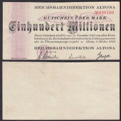 Reichsbahndirektion Altona 100 Millionen Mark 1923 (26087