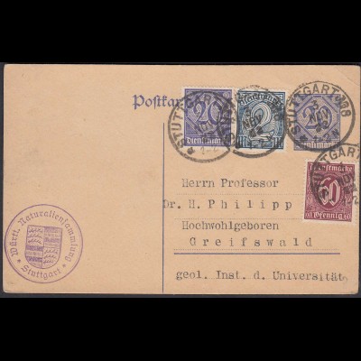 1922 Stuttgart - Greifswald Infla Dienst Ganzsache mit Zusatz Frankatur (26274
