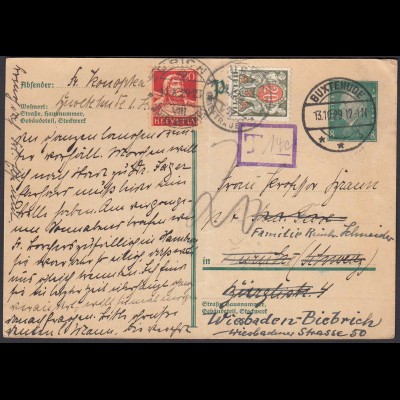 1929 Buxtehude Postkarte über die Schweiz mit Taxierung nach Biebrich (26275