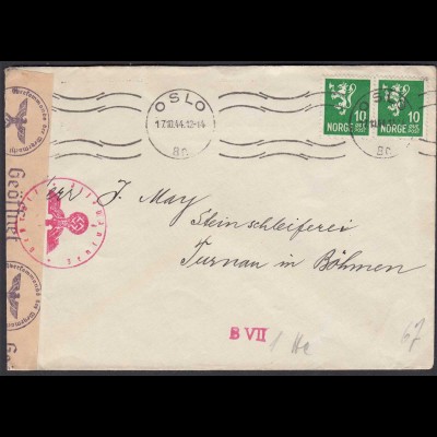 3.Reich Nazi Zensur Brief 17.10.1944 von Oslo Norwegen nach Böhmen (26286