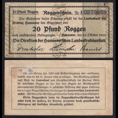 Hannover Roggenschein 20 Pfund Roggen Landeskreditanstalt 1923 (26496