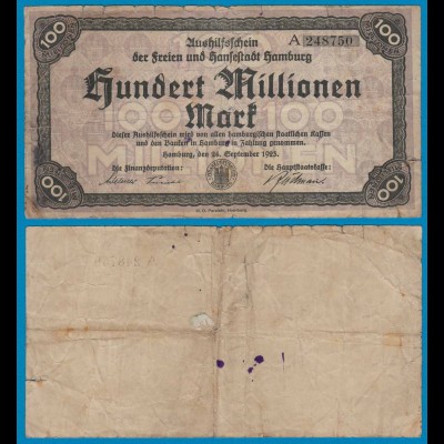 Hamburg 100 Millionen Mark 1923 Aushilfschein Notgeld gebraucht (18991