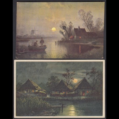 2 Stück AK Künstlerkarten Mondschein Fischerei (26703