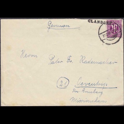 1945 Glandorf bei Osnabrück Notstempel + Stummstempen nach Oeventrop (4381