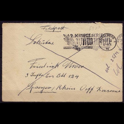 Feldpost-Brief 2.WK 1940 Heidellberg Stempel 2.Kriegs WHW an 3.Inf.Btl124 ( 6910