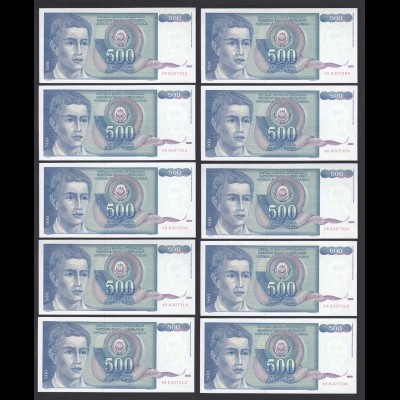 JUGOSLAWIEN - YUGOSLAVIA 10 Stück á 500 Dinara 1990 Pick 106 UNC (1) (89104